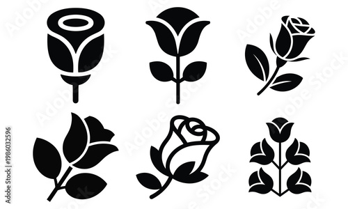 Collection of six black silhouette rose buds and developing floral designs vector illustration