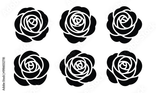 Six black silhouette rose flower heads from above vector illustration set with silhouette
