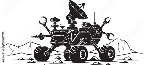 Robotic Mars Rover, Space Exploration Vehicle, Black and White Illustration, Futuristic Design