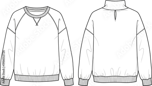 Technical fashion flat sketch of a white raglan sleeve sweatshirt featuring crew neck front and high collar back views for apparel tech pack design.