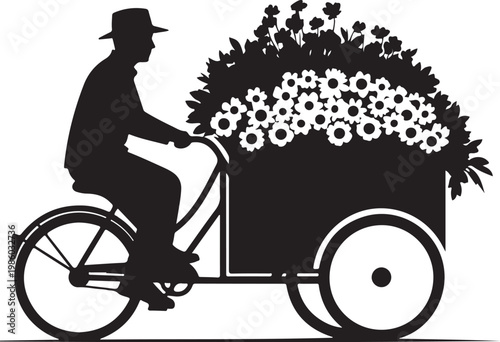 Black silhouette of man riding bicycle with flowers, floral delivery, bike cart, gardening icon