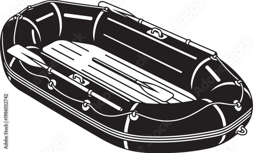 Inflatable rescue boat, liferaft, emergency vessel, black rubber dinghy