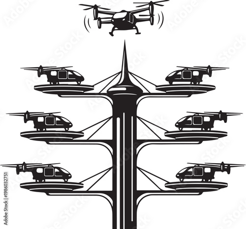 Drone, helicopter, aerial, vector icons, 8 drones and helicopters, black silhouette, flying vehicles