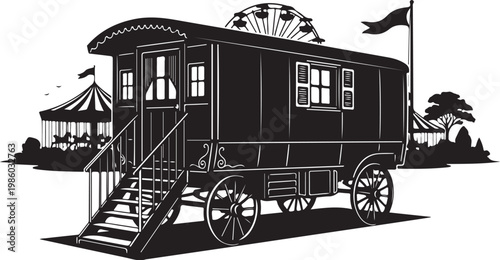 Vintage caravan, black and white illustration, carnival transport, travel trailer