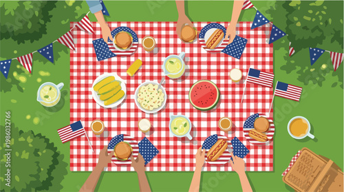 Festive Fourth of July Picnic Vector Illustration with American Flags and Summer Food on Red Gingham Checkered Tablecloth