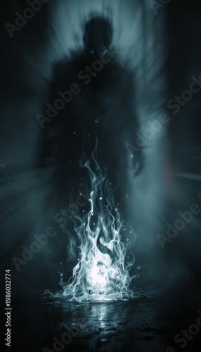 Dark Figure with Ethereal Flames Digital Art Print
