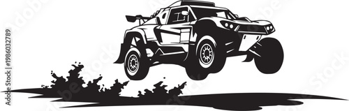 Black, monochrome off-road car, vehicle silhouette, racing buggy, jumping SUV