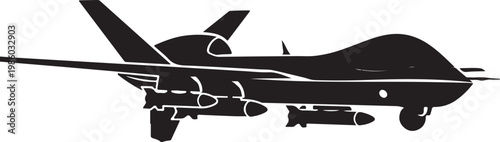 Military drone, aircraft silhouette, black vector, combat plane, missile carrier