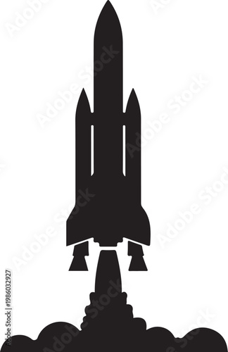 Rocket launch, space shuttle, black silhouette, vector icon, astronomy symbol