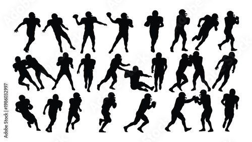 A collection of black silhouettes depicting american football players in various action poses high quality professional