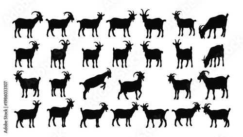 A collection of black silhouettes depicting various poses of domestic goats against a white background