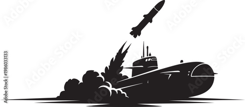 Warship, military submarine, launching missile, black silhouette, vector illustration, naval warfare, ocean combat