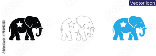 Three colored elephant icons with star on white background for party or voting concept