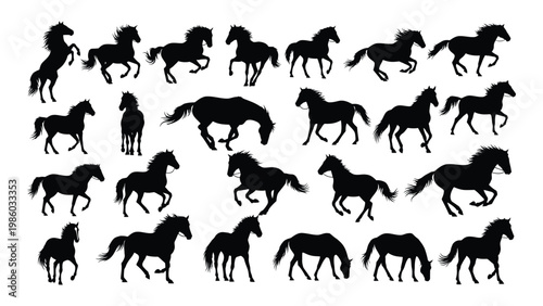 A collection of black silhouette images depicting horses in various dynamic poses and orientations high quality