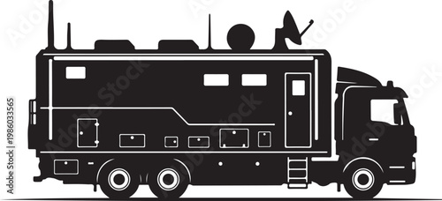 Mobile command center truck, emergency response vehicle, black silhouette, vector graphics
