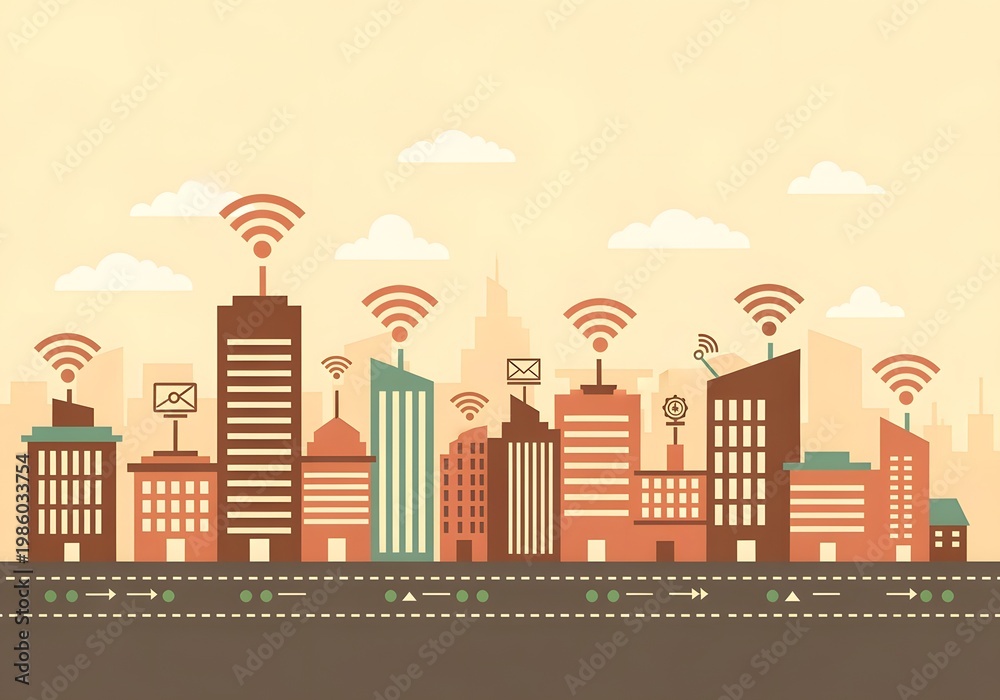 Obraz premium Smart City Connectivity – Wireless Buildings Urban Technology Network Illustration