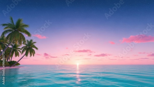 Tranquil tropical sunset scene with palm trees and ocean views