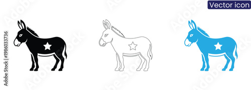Donkey icons in black, Line art, And blue on white background for American political symbol
