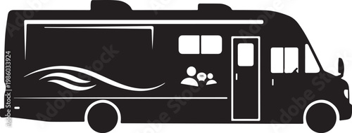 Motorhome, RV, camper van, travel trailer, black silhouette, vector icon