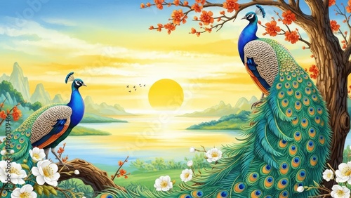 Two elegant peacocks perched on a tree branch near sunset in a tranquil landscape