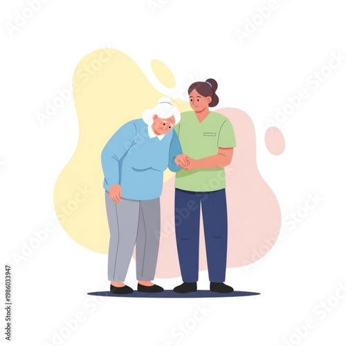 caregiver helping elderly woman walking support senior care healthcare illustration