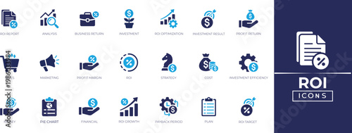 ROI solid icon set. Containing investment, financial, marketing, strategy, analysis, comparison, payback period, financial icons collection.