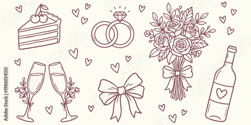 Romantic Wedding Essentials: Delicate line art captures the essence of romance with a cake slice, wedding rings, a bouquet, champagne glasses, a bow, and a wine bottle.