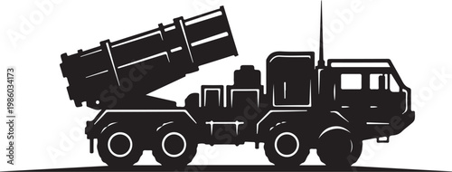 Black silhouette military truck, missile launcher vehicle, army transport, combat logistics