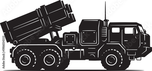 Military truck, missile launcher, vector illustration, black silhouette, transportation