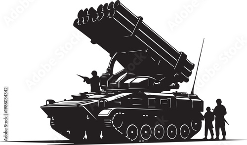 Military missile launcher, tank silhouette, army vehicle, warfare illustration, black vector graphic