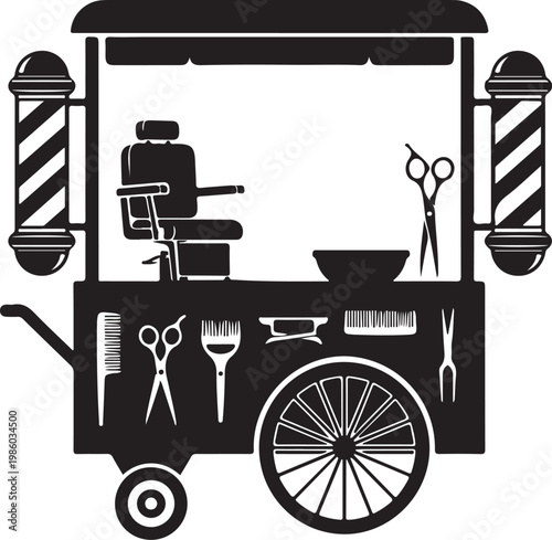 Black and white barber cart, vintage mobile salon, barber shop on wheels, grooming tools