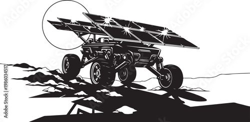 Solar powered rover, robotic vehicle, black illustration, eco friendly technology, futuristic design