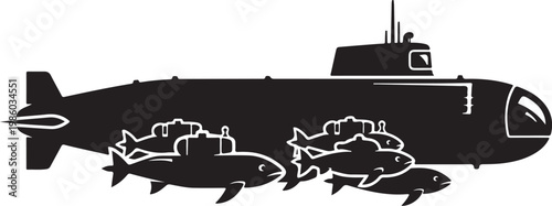 Black submarine, fish vector silhouette, ocean creature icons, nautical symbols