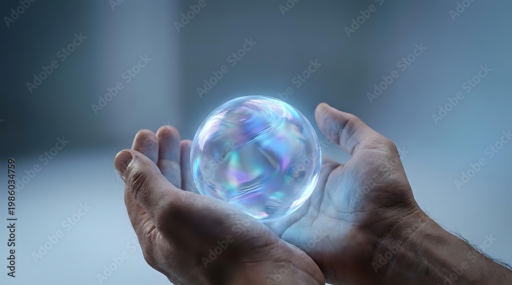 Fototapeta premium Hands holding glowing holographic sphere with rainbow reflections for futuristic technology and innovation concepts.