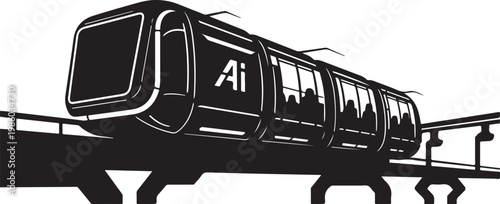 Monorail, futuristic train, black and white illustration, vector graphic