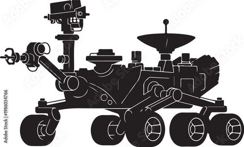 Mars Rover, Space Exploration Vehicle, Black Icon, White Background, Robotic Transport