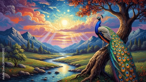 Vibrant peacock perched in scenic landscape with river and mountains