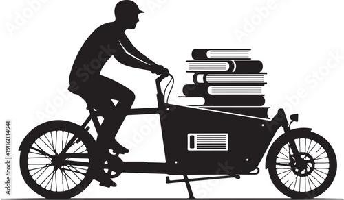 Book delivery cyclist, bicycle courier, book transport, cargo bike vector