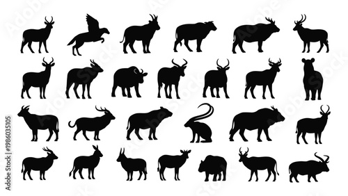 A collection of black silhouettes depicting various african ungulates and horned mammals high quality professional detailed