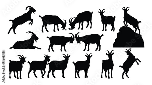 A collection of black silhouettes depicting a variety of goats in different poses and landscapes