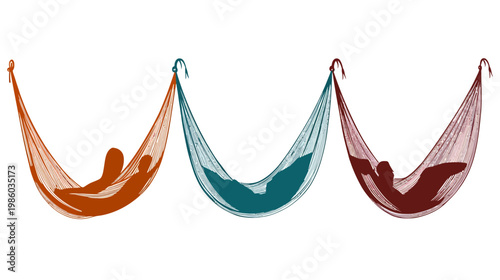 Three hammocks in different colors, each with a person relaxing inside, against a white backdrop