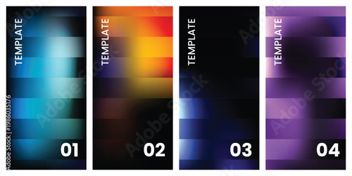 Sleek dark gradient UI templates in blue, orange, purple tones with modern abstract layout style.