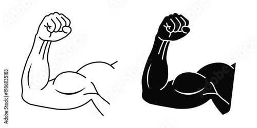 Two stylized arm icons one outlined and one solid black showing flexed biceps muscle strength on transparent background 