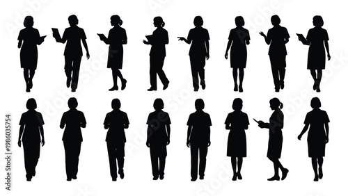 A collection of silhouetted figures primarily women shown in various walking and standing poses high quality