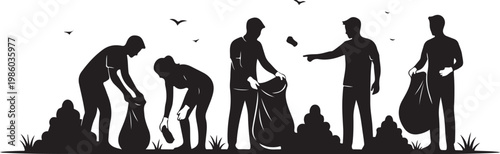 Black silhouette people cleaning, trash collection, waste management, environmental conservation vector