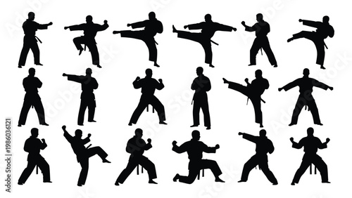 Silhouettes of martial artists demonstrate various kickboxing and karate poses in a dynamic composition high quality