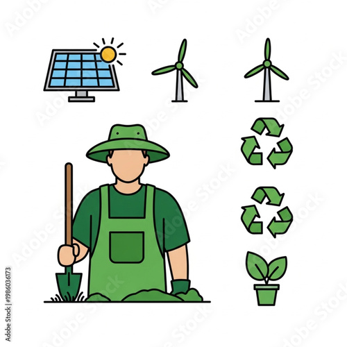 Man in green outfit holding shovel near solar panel and wind turbines with recycling symbols and plant