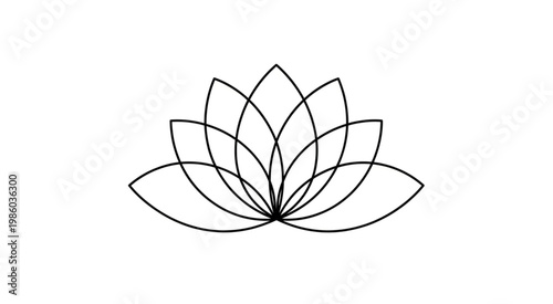 A minimalist line drawing of a lotus flower blooms serenely.