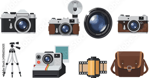 Vintage Camera and Photography Icon Set with Retro Camera, Lens, Tripod, Polaroid, Film Roll, and Camera Bag Elements for Photography, Media, and Creative Designs