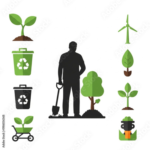 A person stands with a shovel among plants and recycling bins.